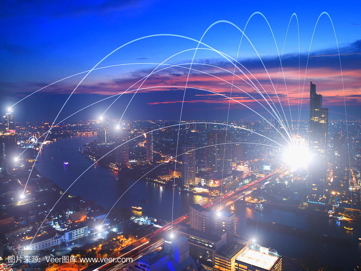 商業網絡連接概念和城市Wi-Fi。技術交流。背景模糊了首都的建筑。